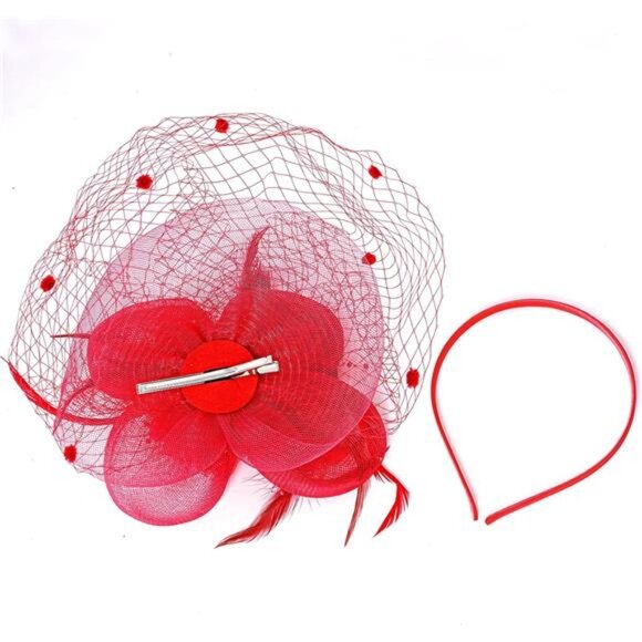 Women's Fascinators Flower Feathers with Veil Red - Picture 5 of 7